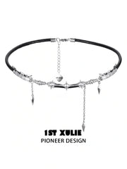 1ST XULIE Jewelry "Black Mirror" Leather Collar Necklace in Genuine Leather - On Model
