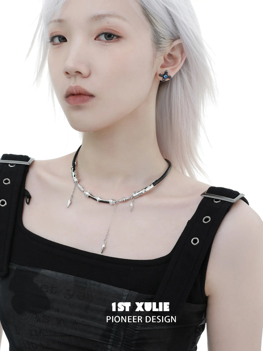 1ST XULIE Jewelry "Black Mirror" Leather Collar Necklace in Genuine Leather - Side View