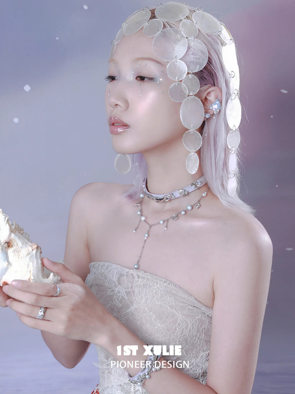 1ST XULIE "ATLANTIS" Leather & Pearl Whale Tail Layered Choker Necklaces in Platinum Plated Brass - Angle View
