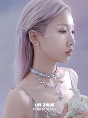 1ST XULIE "ATLANTIS" Leather & Pearl Whale Tail Layered Choker Necklaces in Platinum Plated Brass - Back View
