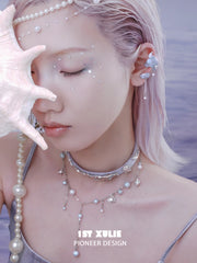 1ST XULIE "ATLANTIS" Leather & Pearl Whale Tail Layered Choker Necklaces in Platinum Plated Brass - On Model View 2
