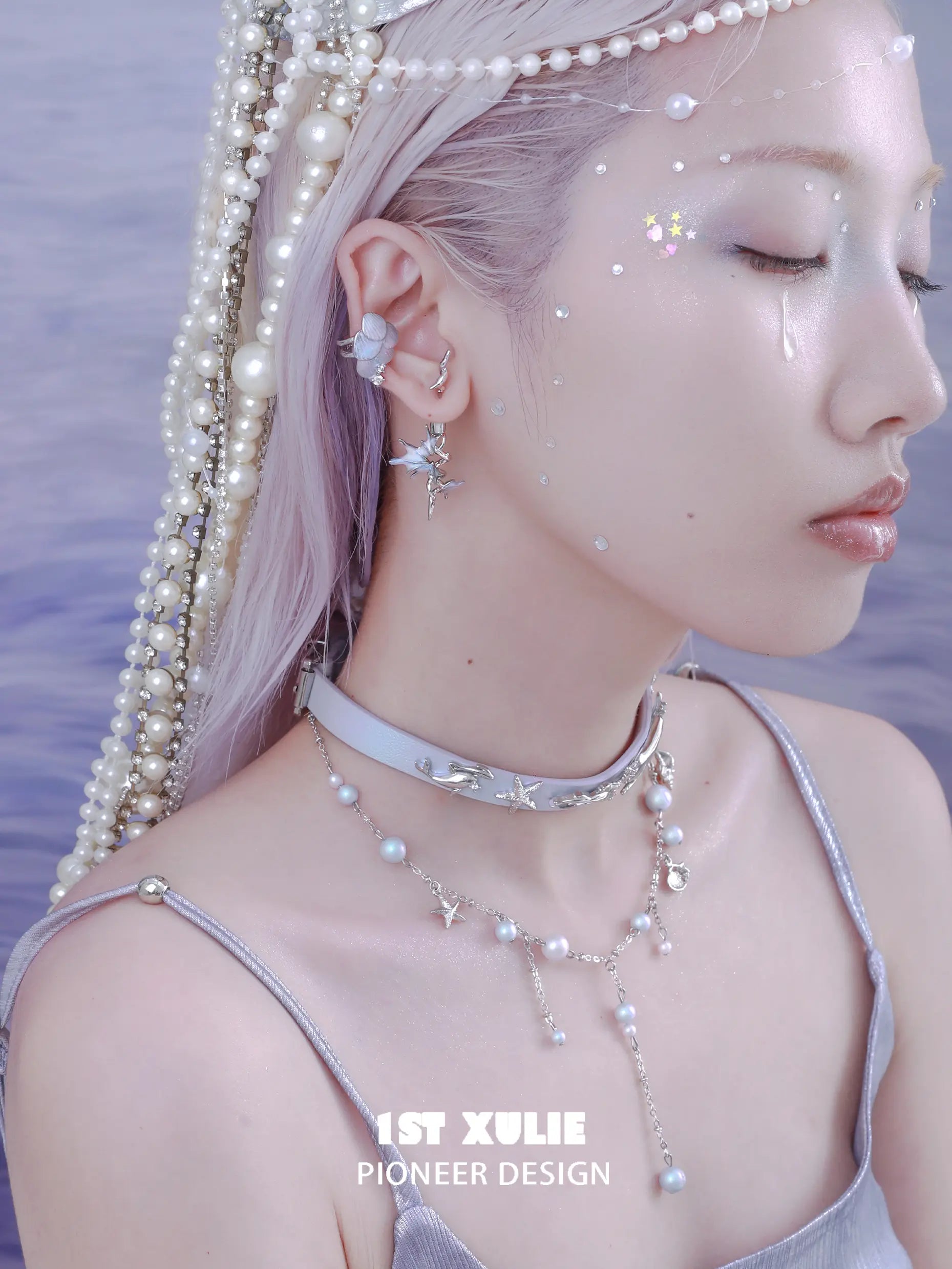 1ST XULIE "ATLANTIS" Leather & Pearl Whale Tail Layered Choker Necklaces in Platinum Plated Brass - Product View 2