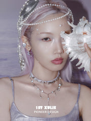 1ST XULIE "ATLANTIS" Leather & Pearl Whale Tail Layered Choker Necklaces in Platinum Plated Brass - Texture Shot