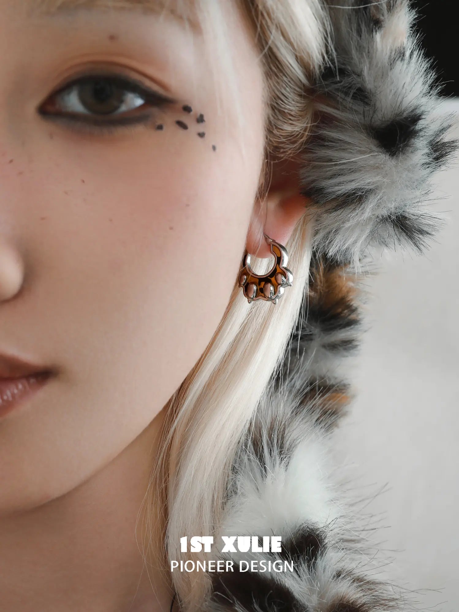 1ST XULIE Jewelry "LEOPARD CAT" Leopard Cat Paw Huggie Hoop Earrings in Platinum Plated - On Model Close Up