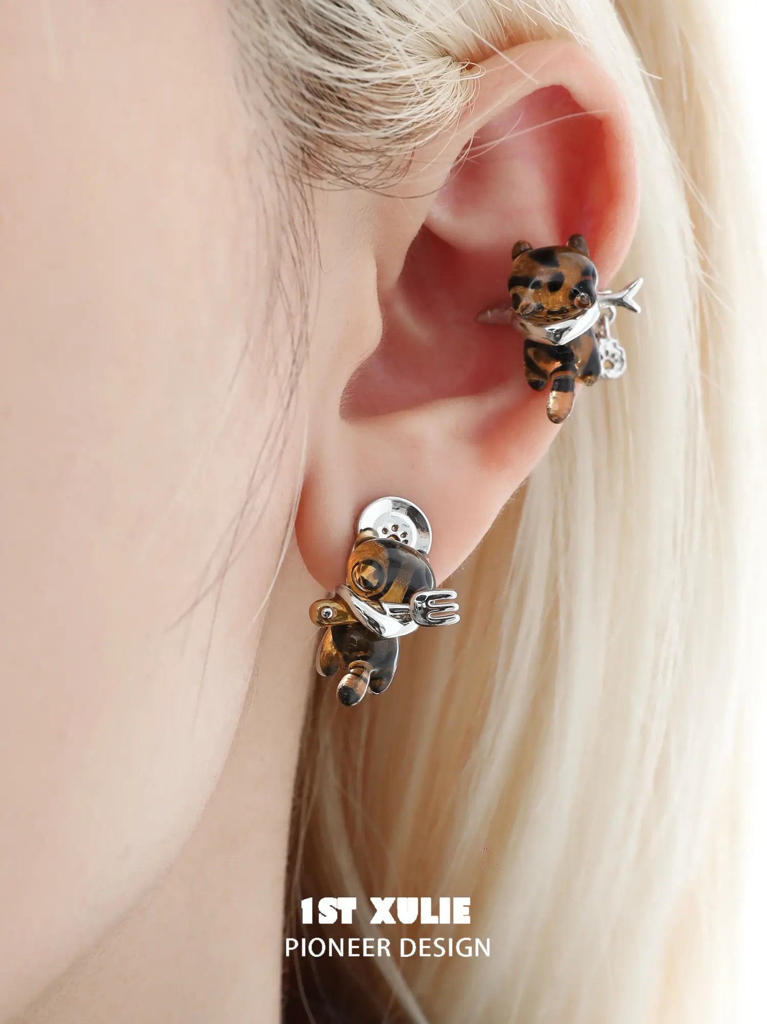 1ST XULIE "LEOPARD CAT" Playful Leopard Cat Stud Earrings in Platinum Plated Brass - On Model Close-up
