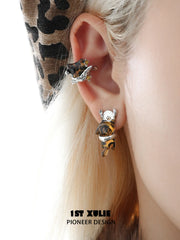 1ST XULIE "LEOPARD CAT" Playful Leopard Cat Stud Earrings in Platinum Plated Brass - Side View