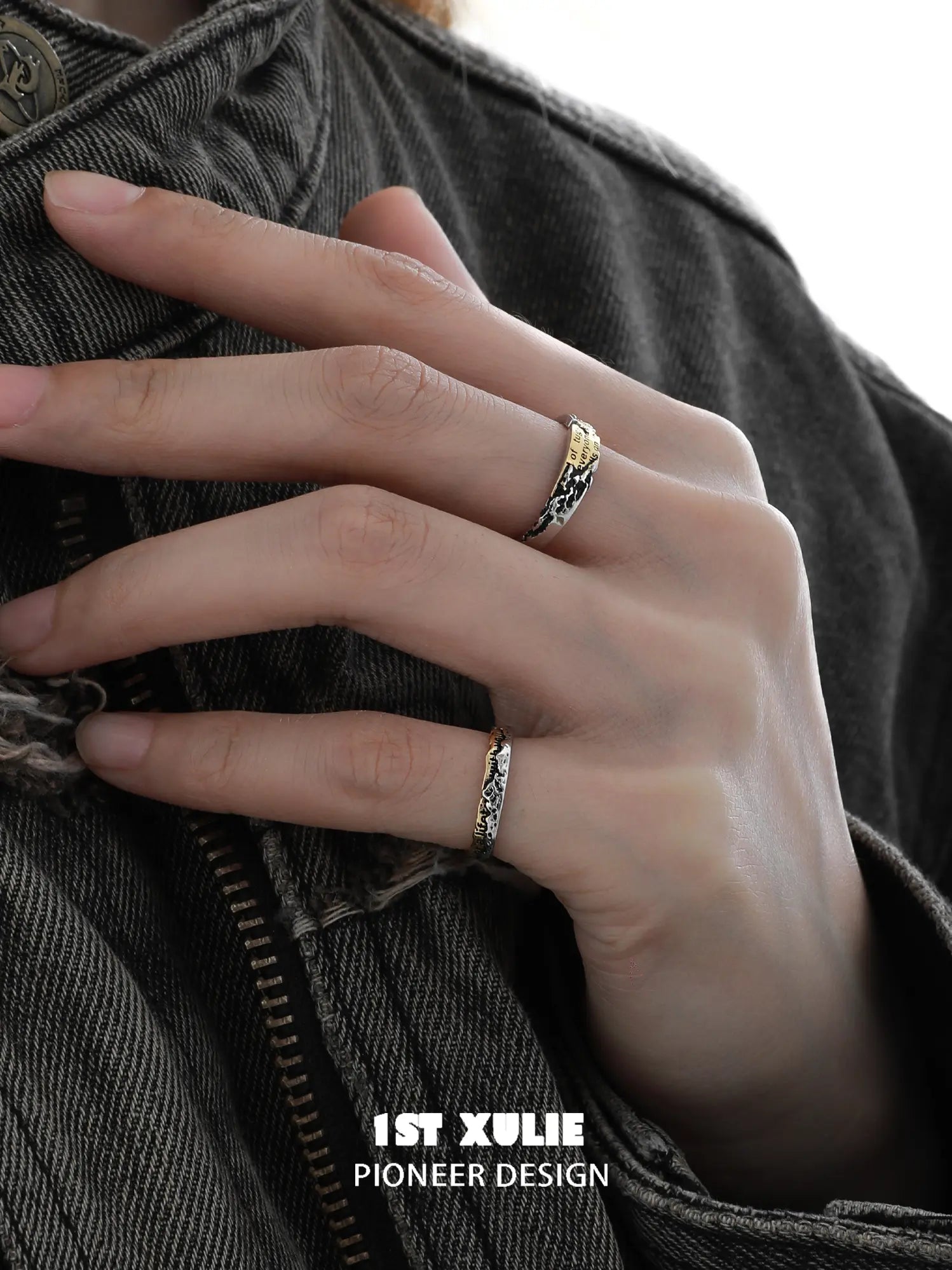1ST XULIE Jewelry "Immortal Lover" Two-Tone Love Letter Adjustable Pinky Ring in 925 Sterling Silver - Detail Shot