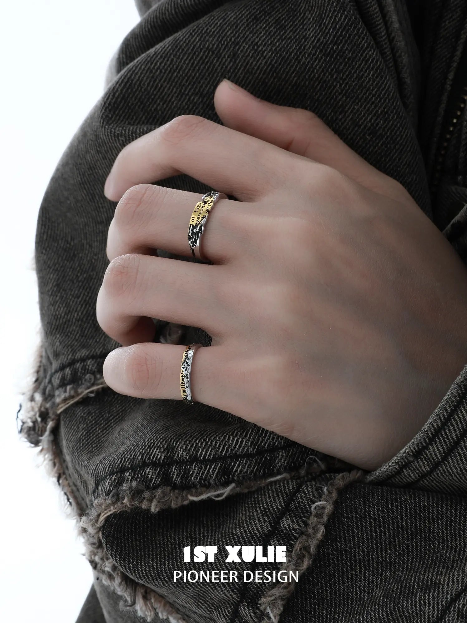 1ST XULIE Jewelry "Immortal Lover" Two-Tone Love Letter Adjustable Pinky Ring in 925 Sterling Silver - Lifestyle Shot