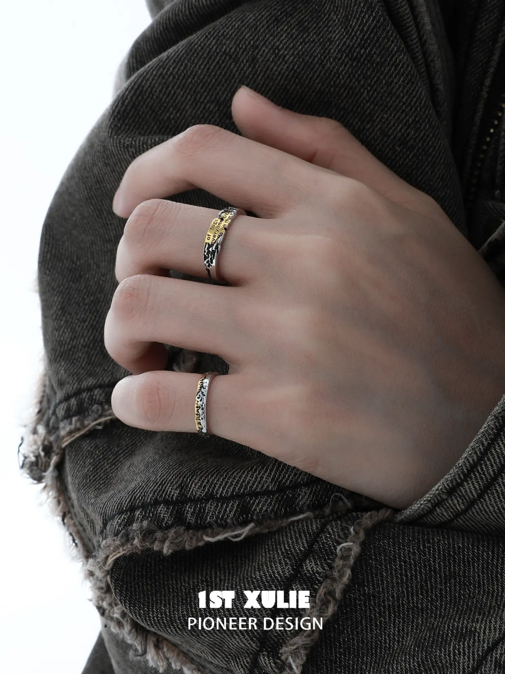 1ST XULIE Jewelry "Immortal Lover" Two-Tone Love Letter Adjustable Pinky Ring in 925 Sterling Silver - Lifestyle Shot