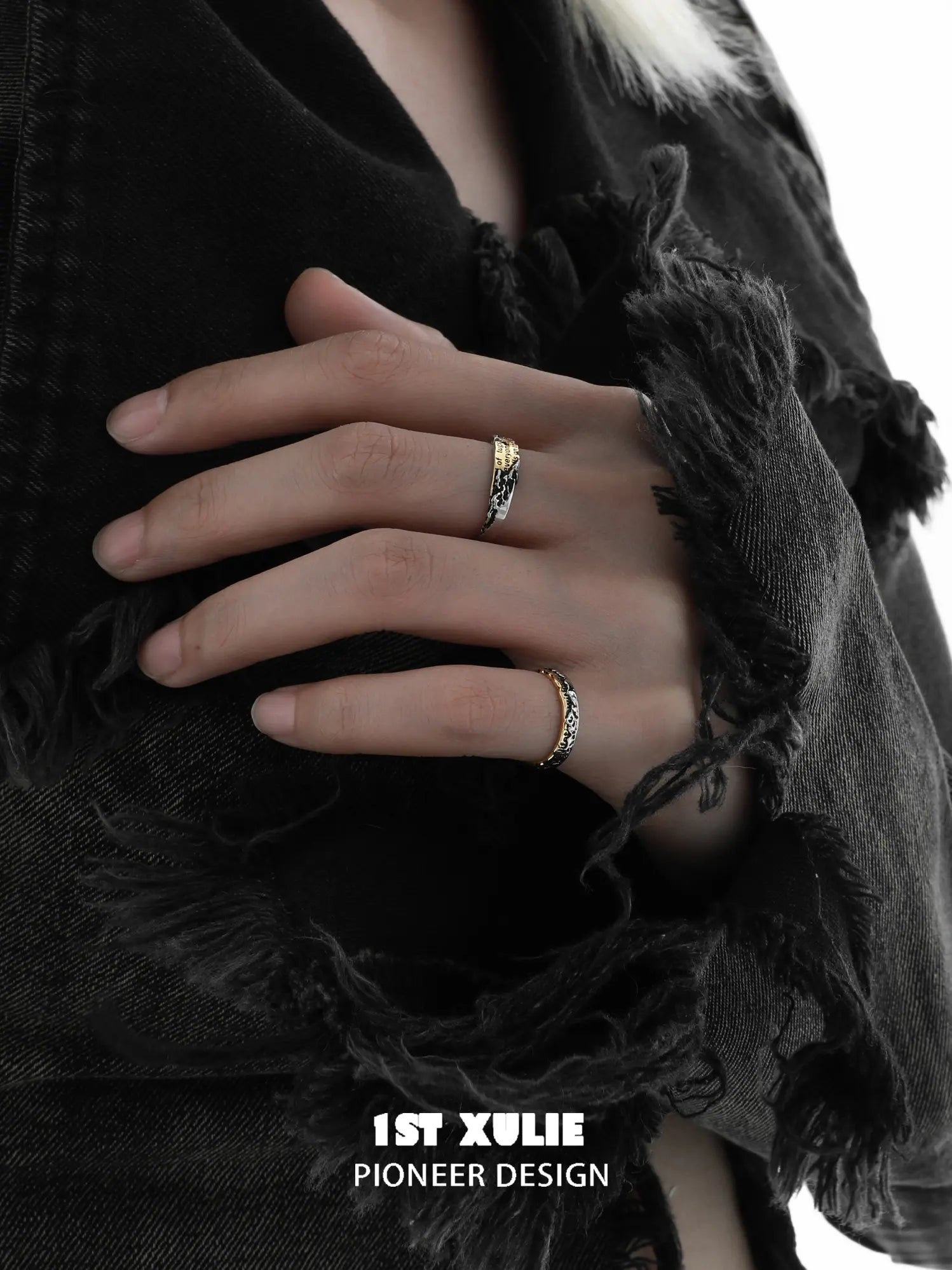 1ST XULIE Jewelry "Immortal Lover" Two-Tone Love Letter Adjustable Pinky Ring in 925 Sterling Silver - On Model