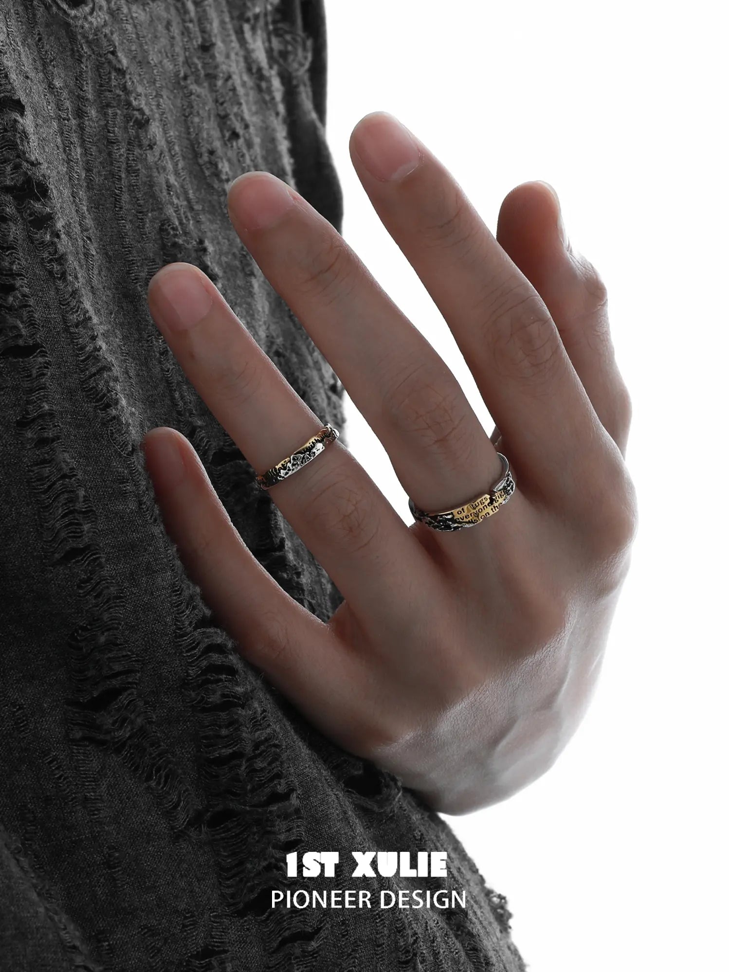 1ST XULIE Jewelry "Immortal Lover" Two-Tone Love Letter Adjustable Pinky Ring in 925 Sterling Silver - Detail Shot
