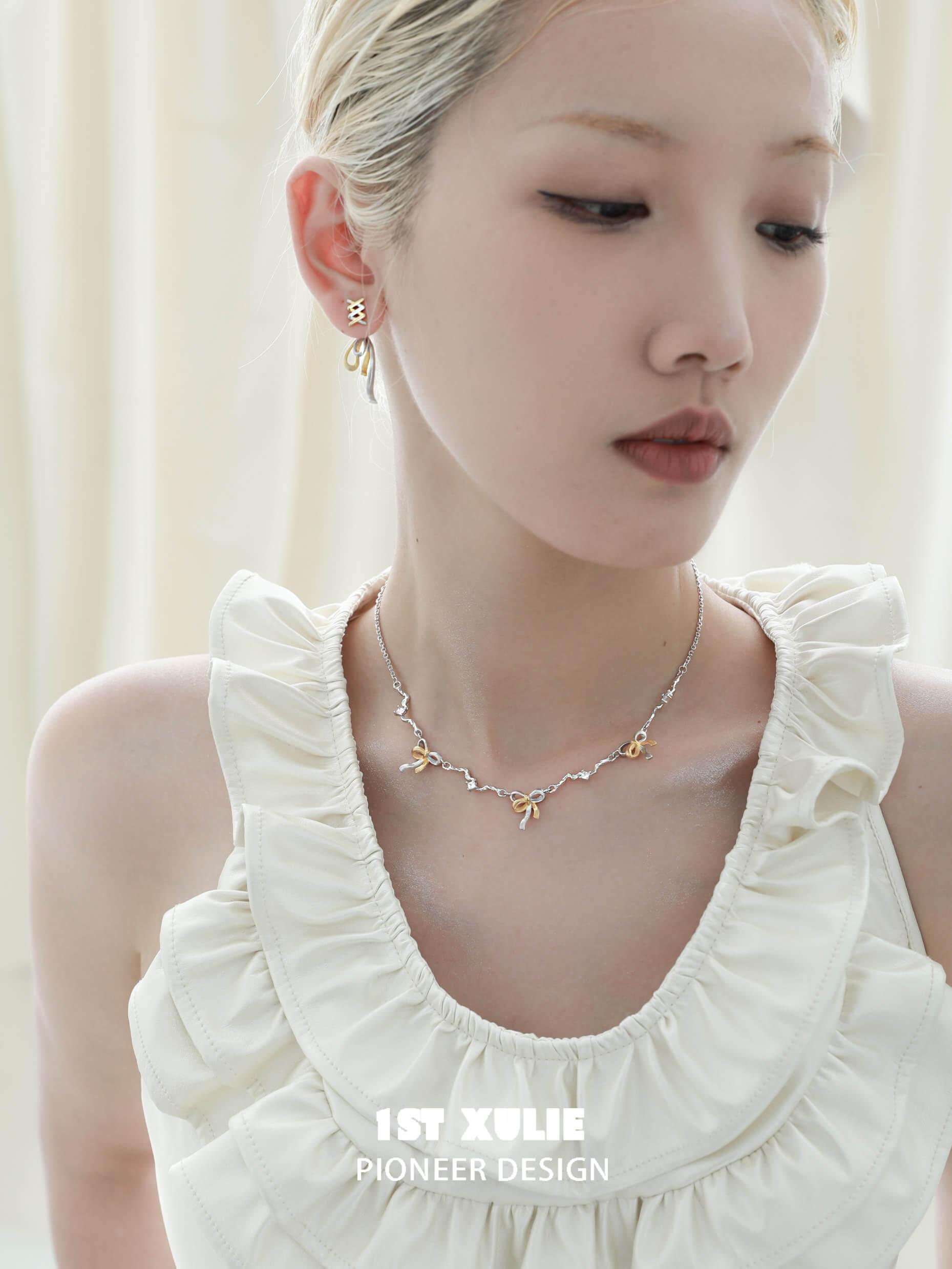 1ST XULIE "Lucky Cat" Dainty Bow-Tie Charm Necklace in Platinum Plated - Angle View