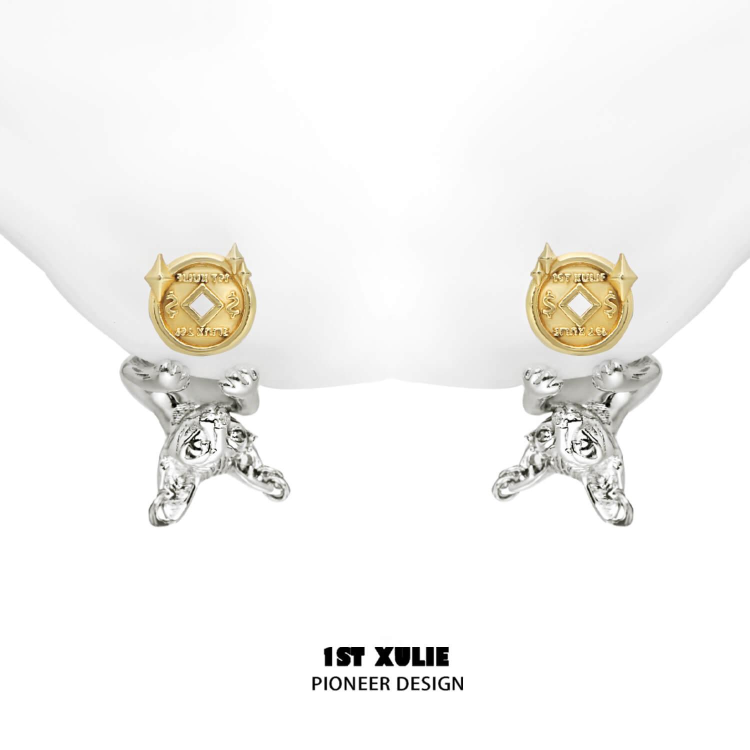 1ST XULIE "Lucky Cat" Money Charm Dangle Earrings in Platinum Plate - Side View