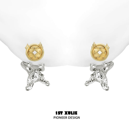 1ST XULIE "Lucky Cat" Money Charm Dangle Earrings in Platinum Plate - Side View