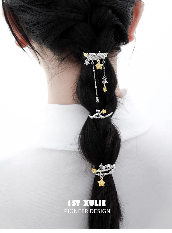 "Cat's Gaze" 18K Gold Plated Artistic Lucky Cat Walnut Hair Clips, Statement Barrettes