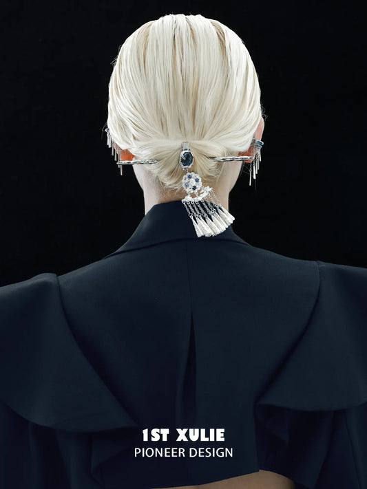 1ST XULIE Jewelry "MIAO" Lunar Sodalite Hairpin in Platinum Plated Brass - Detail Shot