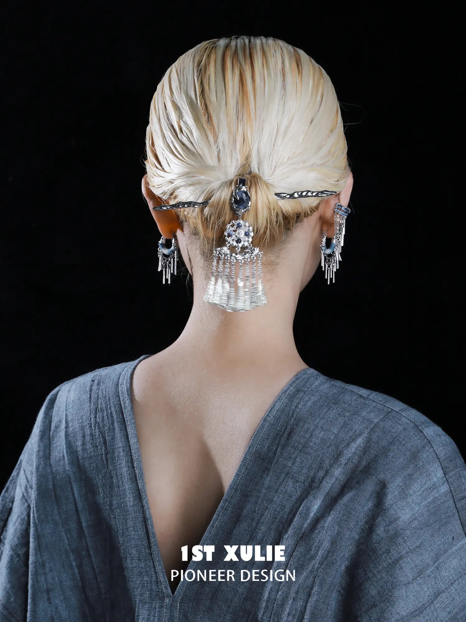 1ST XULIE Jewelry "MIAO" Lunar Sodalite Hairpin in Platinum Plated Brass - On Model
