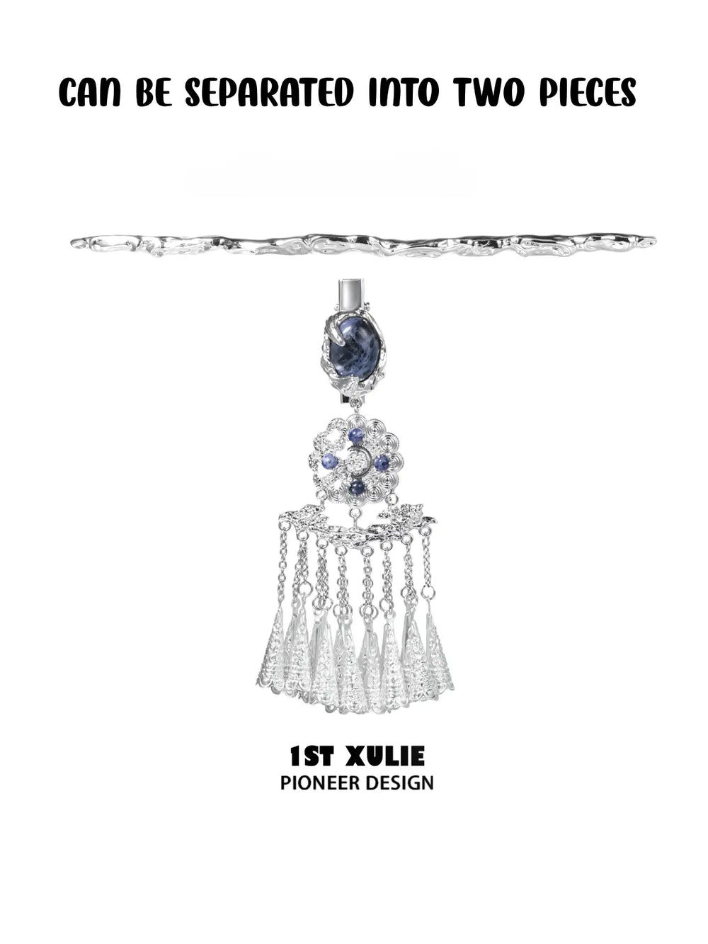 1ST XULIE Jewelry "MIAO" Lunar Sodalite Hairpin in Platinum Plated Brass - Texture View