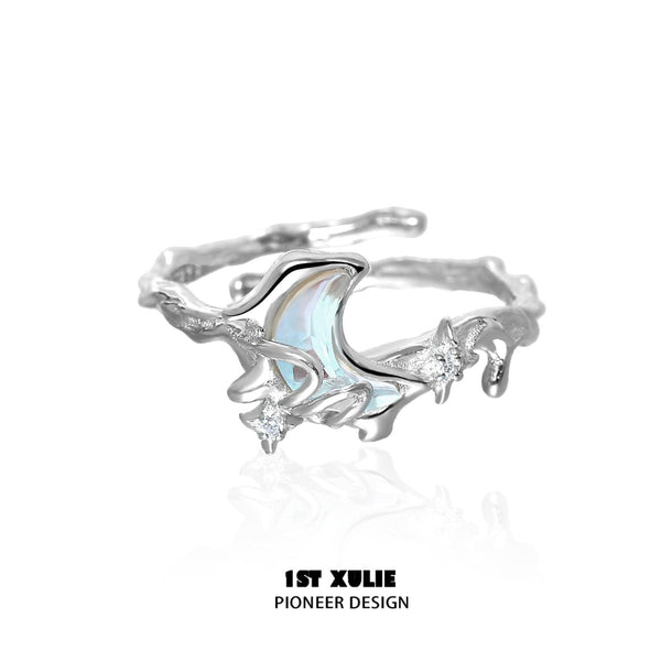 "Melting Crescent" 925 Sterling Silver Moon Adjustable Statement Ring