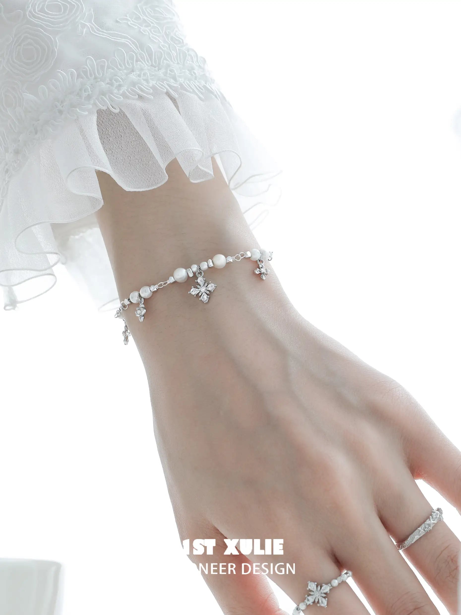 1ST XULIE "Tears of Mermaid" Dainty Pearl & Zircon Chain Bracelet in 925 Sterling Silver - Charm Detail Shot