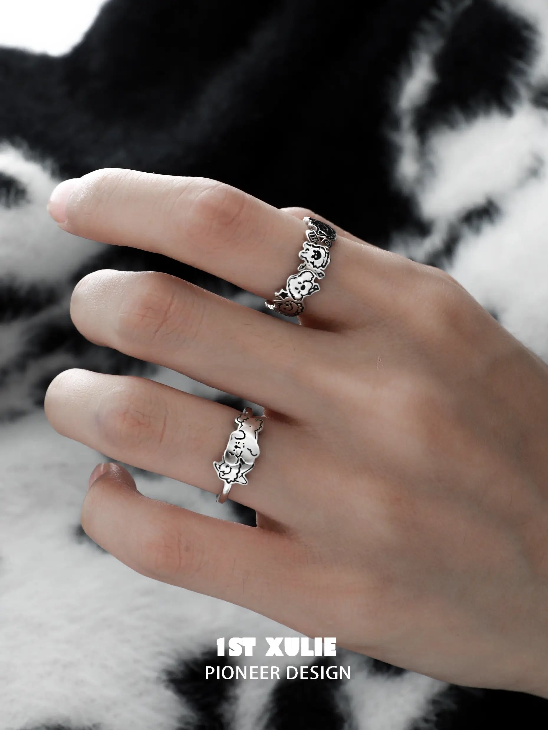 1ST XULIE "Graffiti Puppy" Minimalist Abstract Puppy Ring in 925 Sterling Silver - Side View