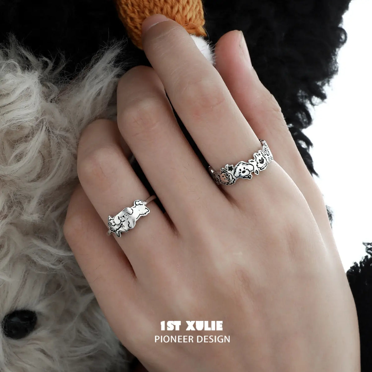 1ST XULIE "Graffiti Puppy" Minimalist Abstract Puppy Ring in 925 Sterling Silver - On Model Close-Up