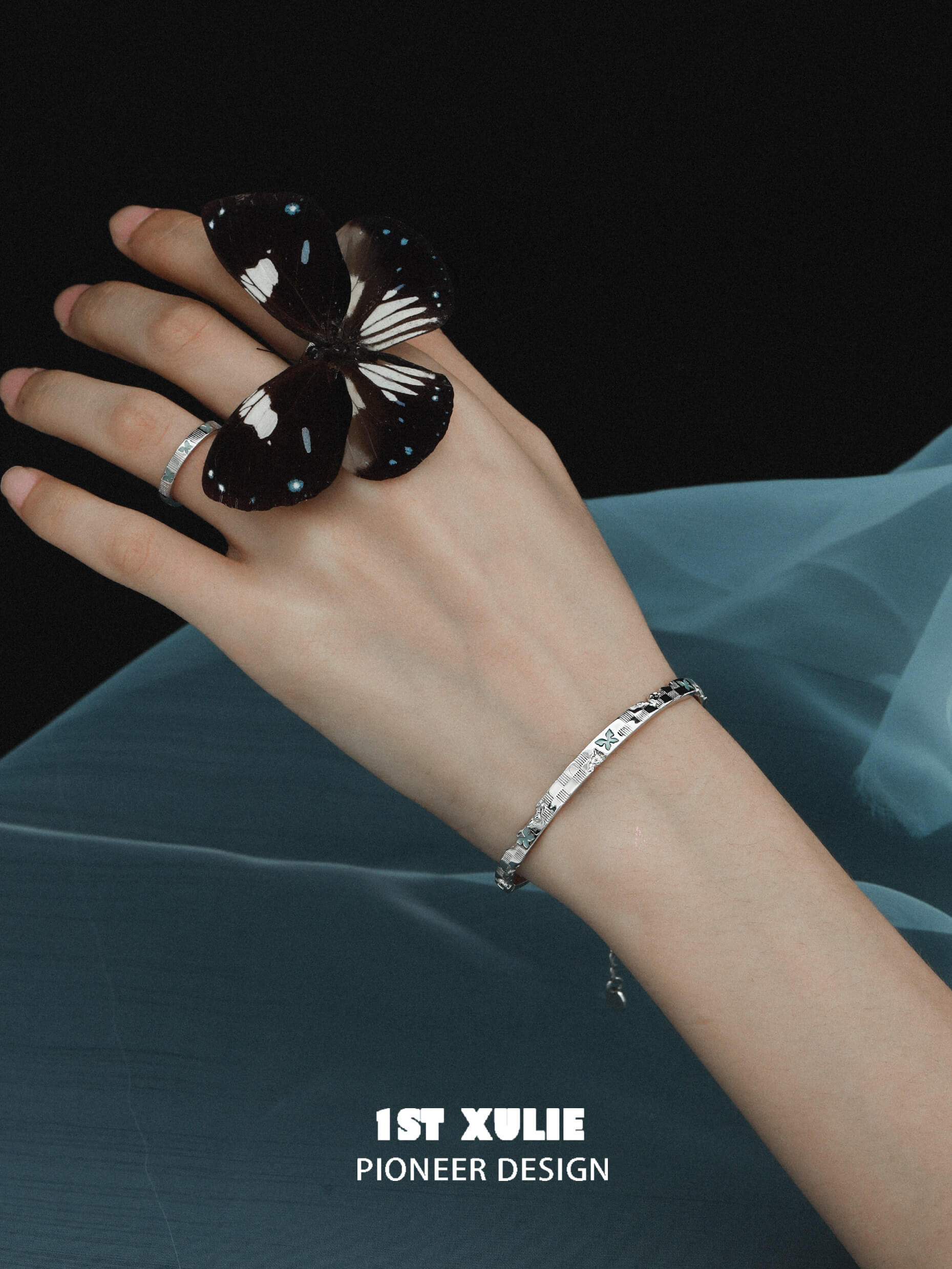 1ST XULIE "Whiterfly" Minimalist Stacking Logo Band Ring in 925 Sterling Silver - On Model Close-Up