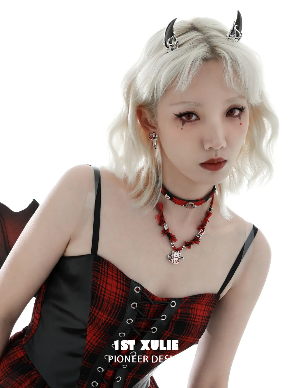 1ST XULIE Jewelry "DEMON CUTIES" Mismatched Devil Pet Studs in Platinum Plated - Side View