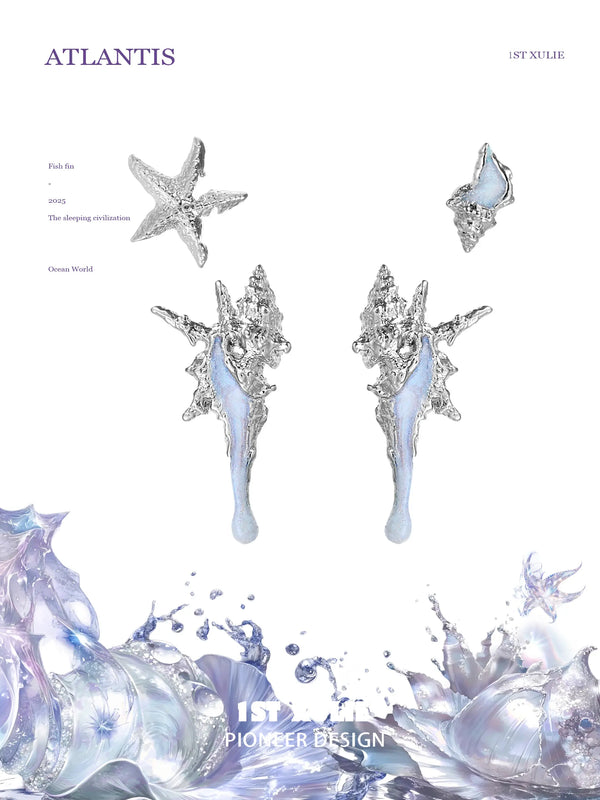 "ATLANTIS" 925 Sterling Silver Mismatched Starfish & Conch Stud Earrings, Nautical Jewelry