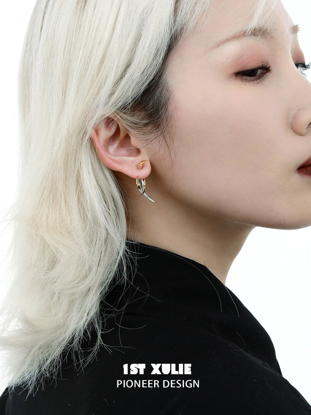 1ST XULIE "MYTH OF THE MOON" Moon Barbed Dangle Earrings in Platinum Plated Brass - Angled Product View