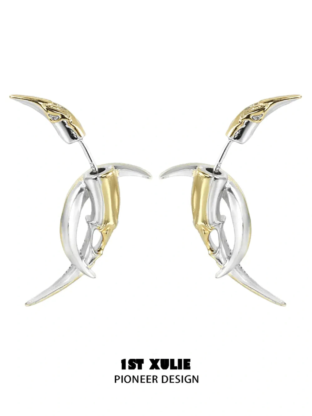 1ST XULIE "MYTH OF THE MOON" Moon Barbed Dangle Earrings in Platinum Plated Brass - Detail Shot of Black Mother-of-Pearl