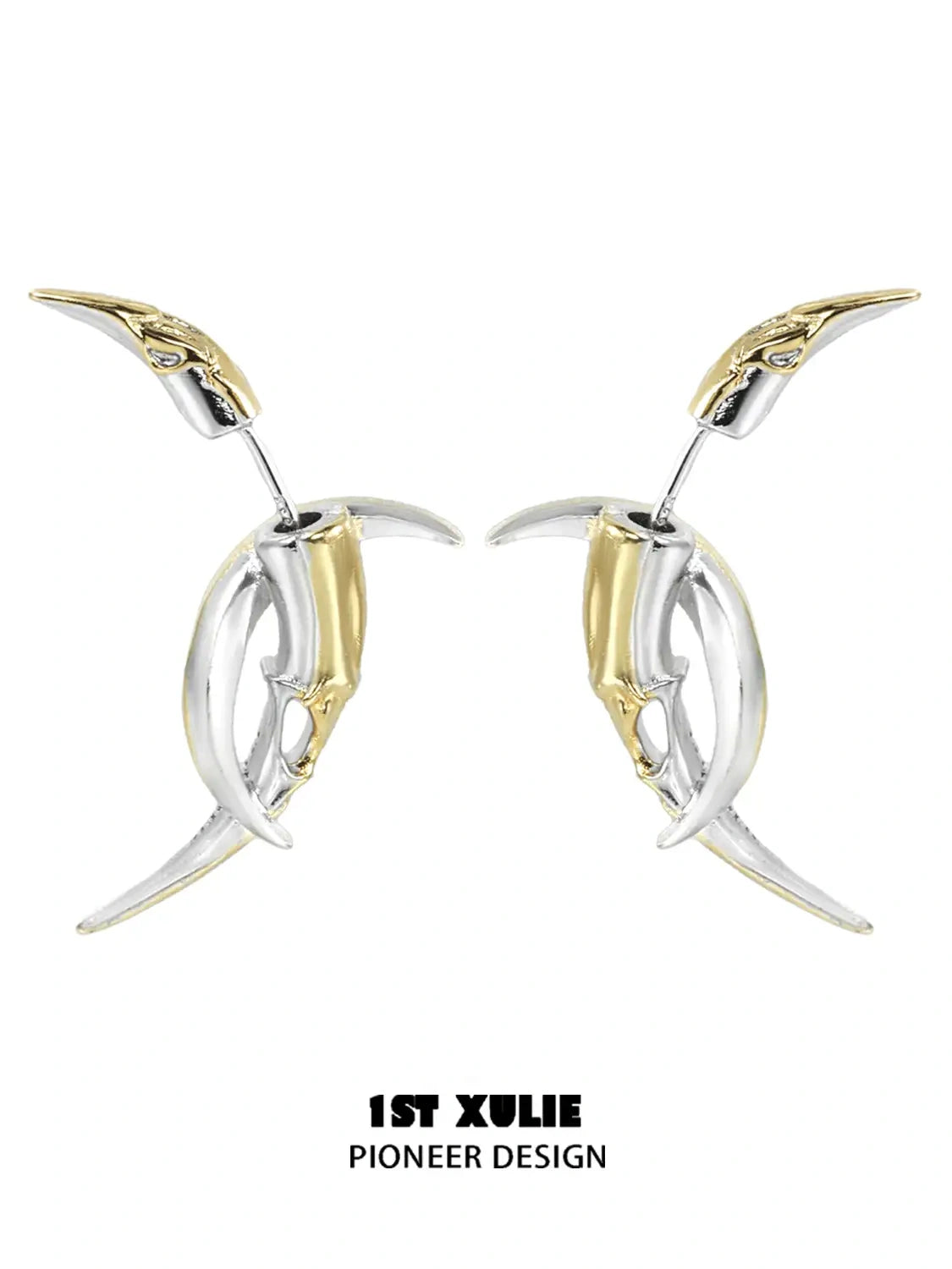 1ST XULIE "MYTH OF THE MOON" Moon Barbed Dangle Earrings in Platinum Plated Brass - Detail Shot of Black Mother-of-Pearl