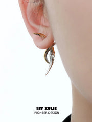 1ST XULIE "MYTH OF THE MOON" Moon Barbed Dangle Earrings in Platinum Plated Brass - On Model