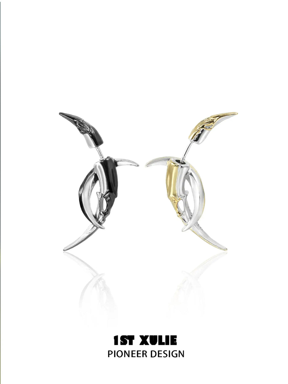 1ST XULIE "MYTH OF THE MOON" Moon Barbed Dangle Earrings in Platinum Plated Brass - On Model Closeup