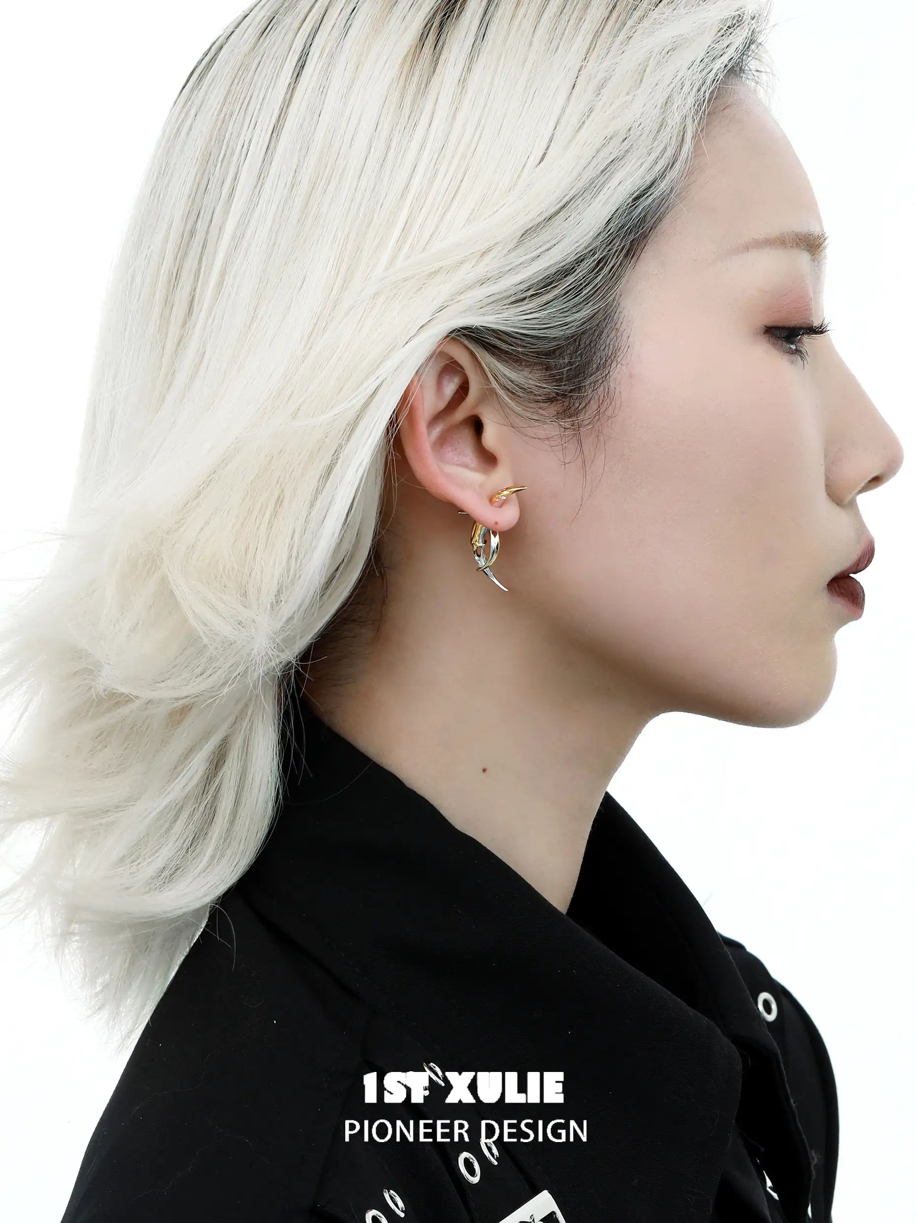 1ST XULIE "MYTH OF THE MOON" Moon Barbed Dangle Earrings in Platinum Plated Brass - Packaging View