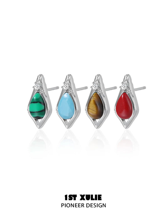 1ST XULIE "Stone Age" Natural Gemstone Stud Earrings in Platinum Plated Brass - Back View