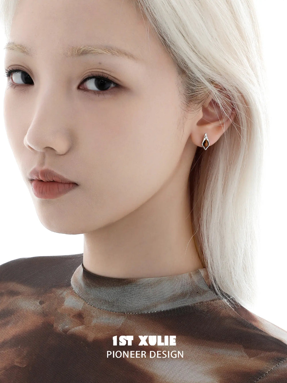 1ST XULIE "Stone Age" Natural Gemstone Stud Earrings in Platinum Plated Brass - Product View (Green Malachite)