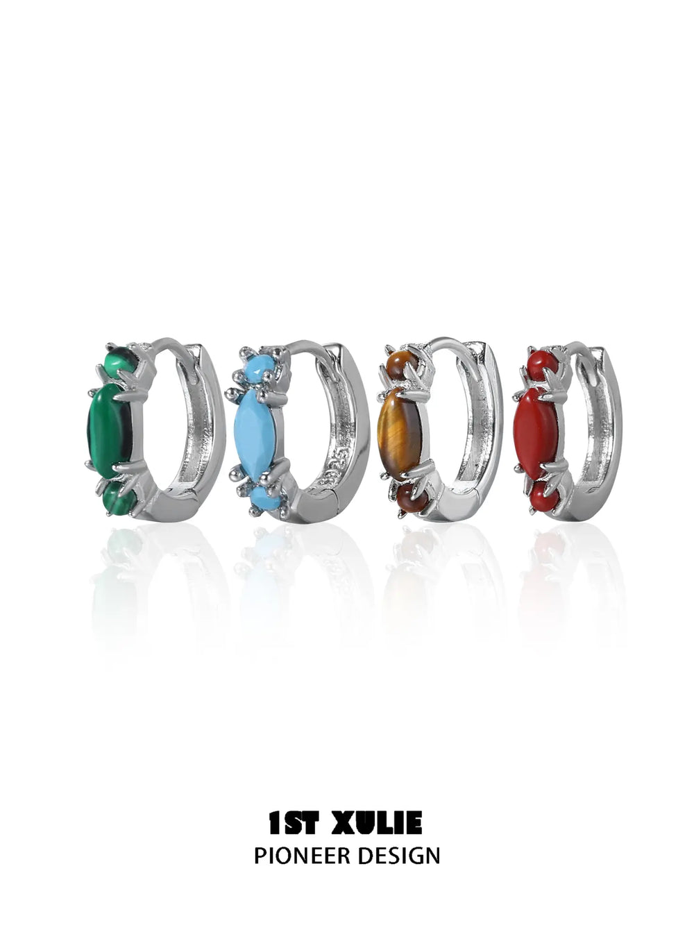 "Stone Age" Platinum Plated Natural Gemstone Huggie Hoop Earrings - Image 9