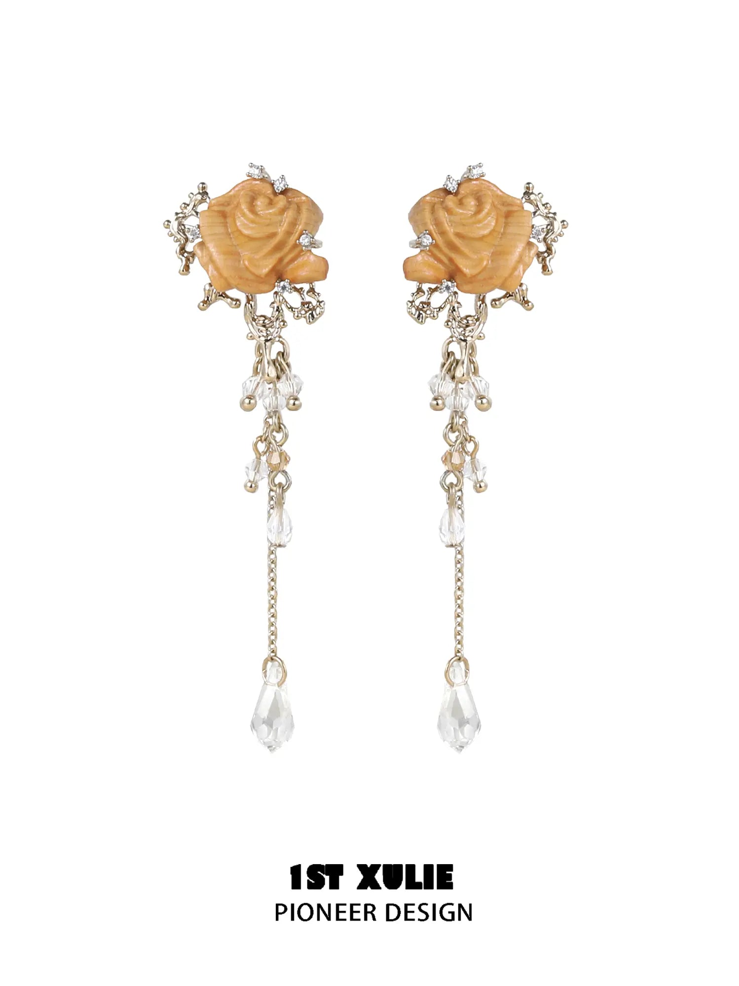 1ST XULIE Jewelry "Lace Rose" Victorian Oak Rose Statement Tassel Dangle Earrings - Angle 1