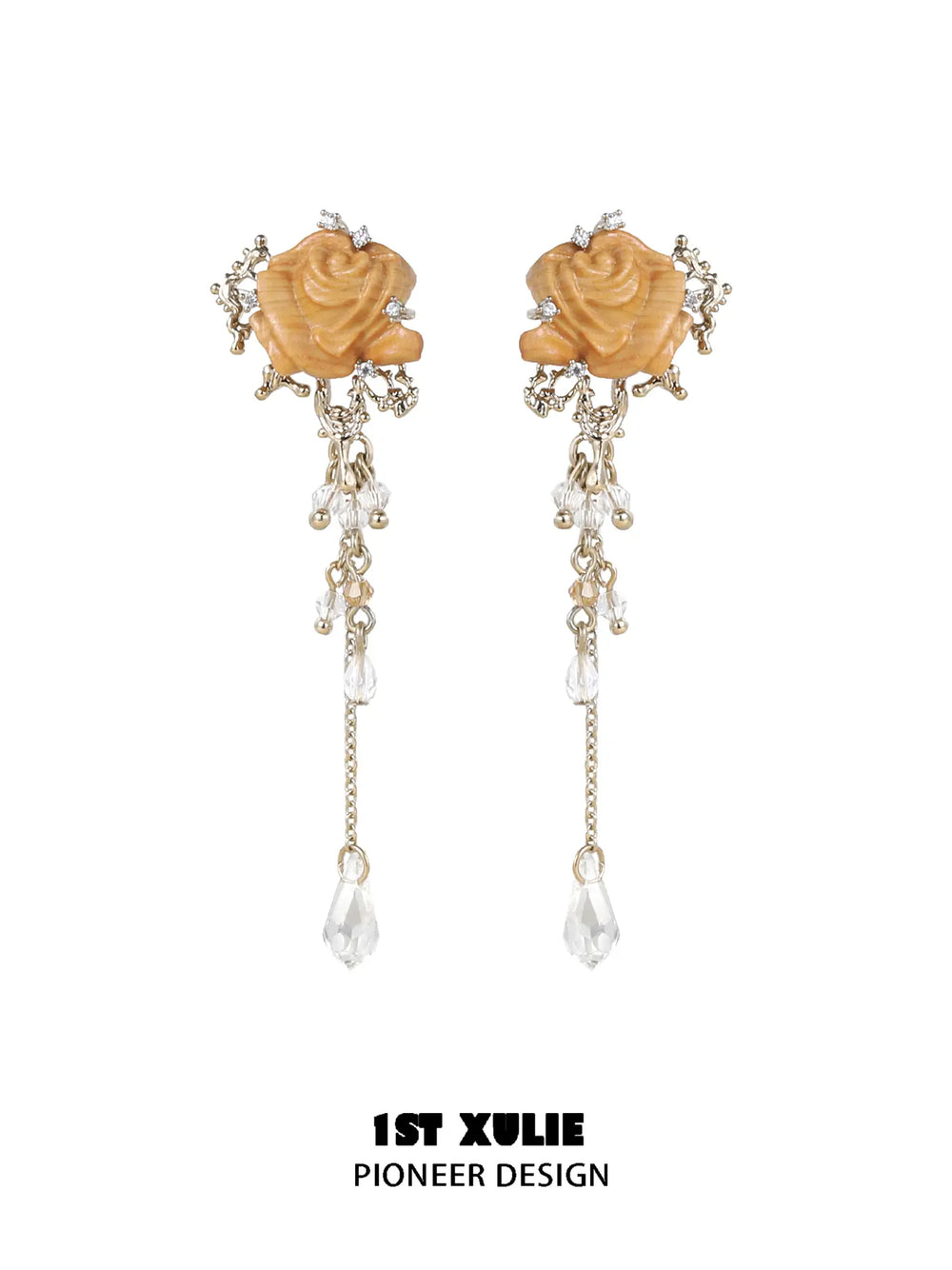 1ST XULIE Jewelry "Lace Rose" Victorian Oak Rose Statement Tassel Dangle Earrings - Angle 1