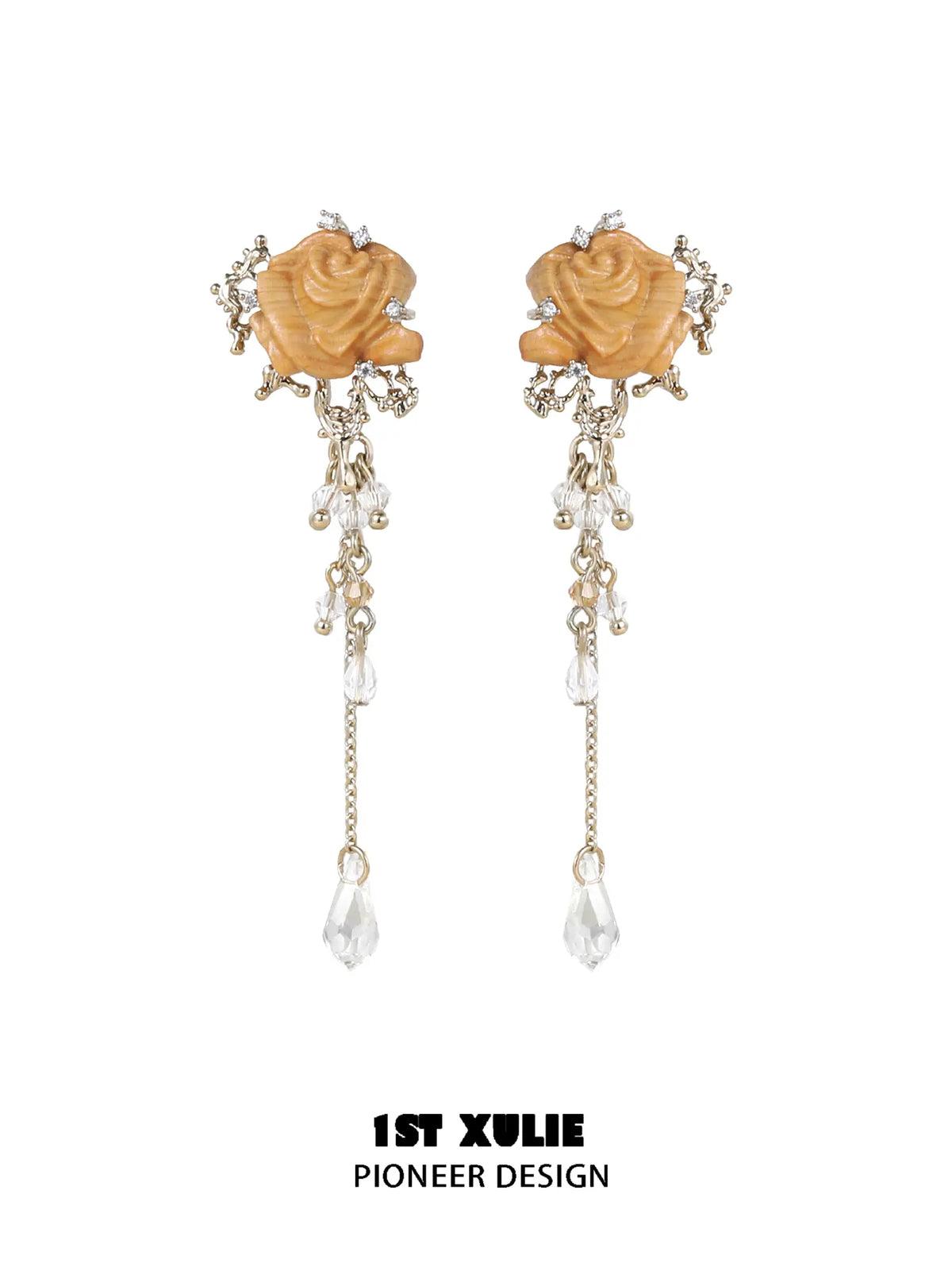 1ST XULIE Jewelry "Lace Rose" Victorian Oak Rose Statement Tassel Dangle Earrings - Angle 1