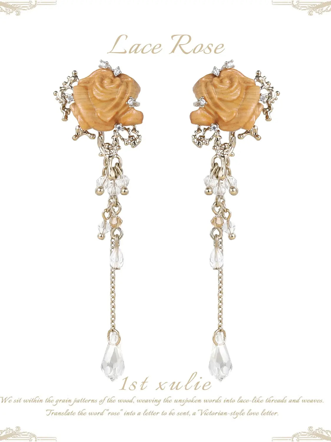 1ST XULIE Jewelry "Lace Rose" Victorian Oak Rose Statement Tassel Dangle Earrings - Angle 2