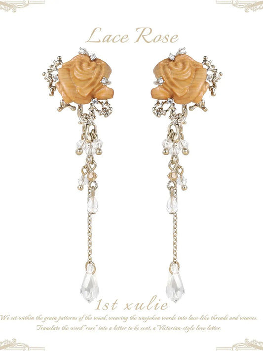 1ST XULIE Jewelry "Lace Rose" Victorian Oak Rose Statement Tassel Dangle Earrings - Angle 2
