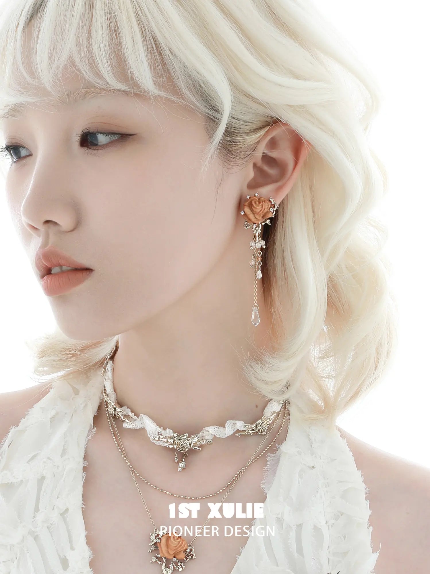 1ST XULIE Jewelry "Lace Rose" Victorian Oak Rose Statement Tassel Dangle Earrings - Lifestyle Shot