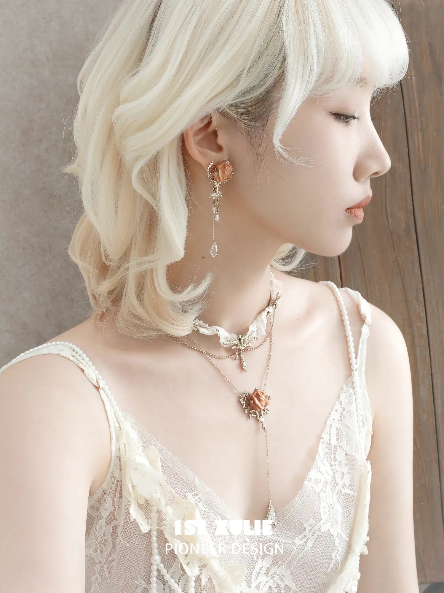 1ST XULIE Jewelry "Lace Rose" Victorian Oak Rose Statement Tassel Dangle Earrings - Product View