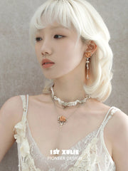 1ST XULIE Jewelry "Lace Rose" Victorian Oak Rose Statement Tassel Dangle Earrings - On Model