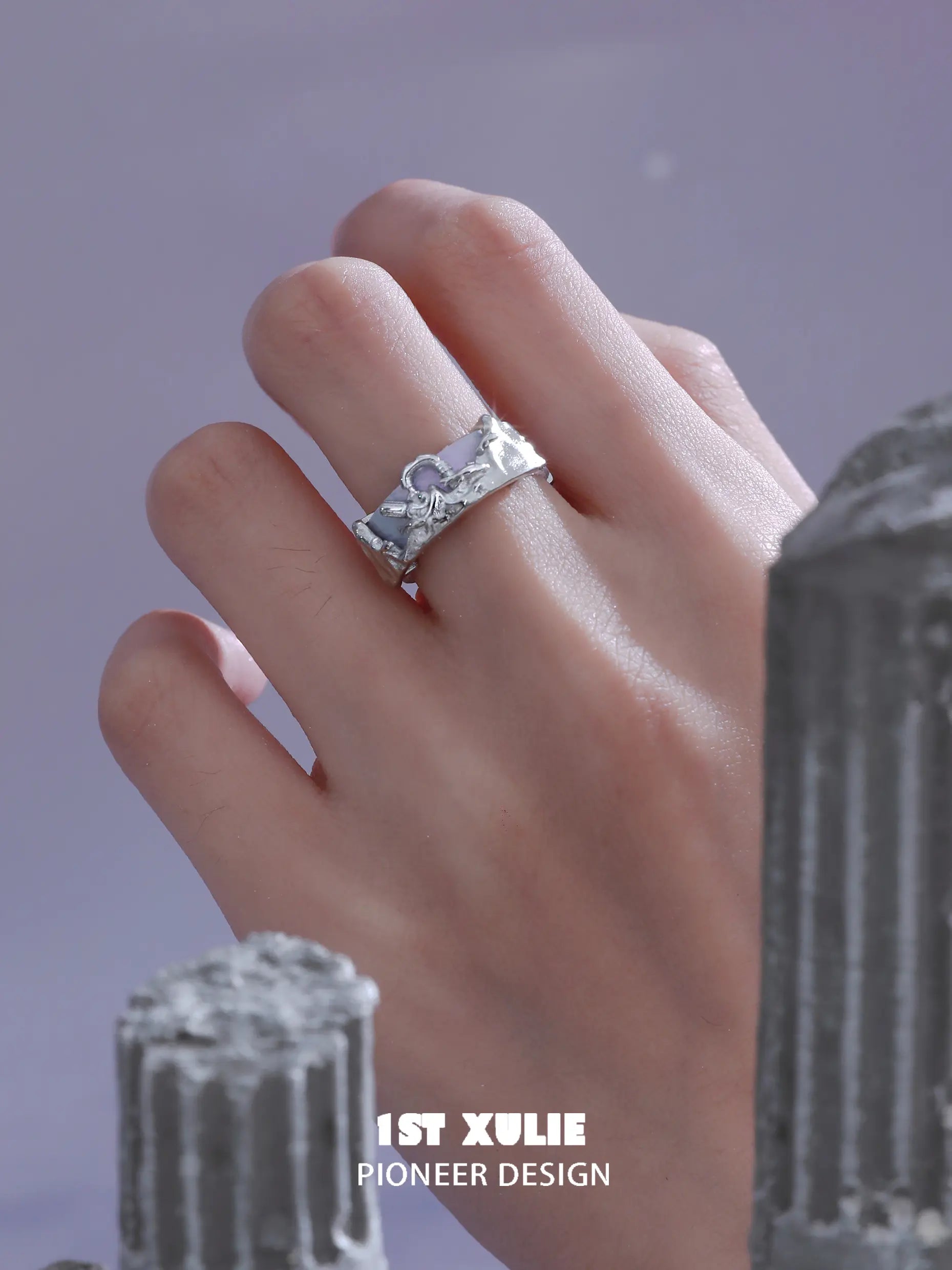 1ST XULIE "ATLANTIS" Minimalist Ocean Wave Adjustable Leather Ring in 925 Sterling Silver and Leather - Lifestyle Shot