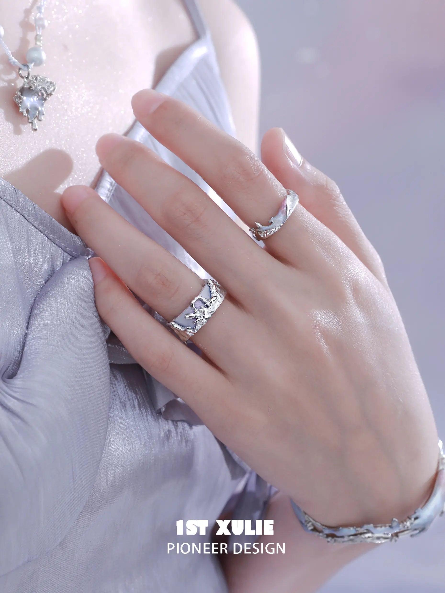 1ST XULIE "ATLANTIS" Minimalist Ocean Wave Adjustable Leather Ring in 925 Sterling Silver and Leather - Packaging View