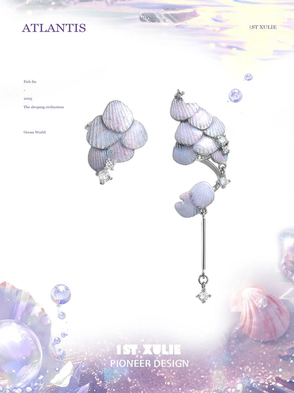 "ATLANTIS" Platinum Plated Oceanic Mermaid Scale Clip-On Ear Cuffs