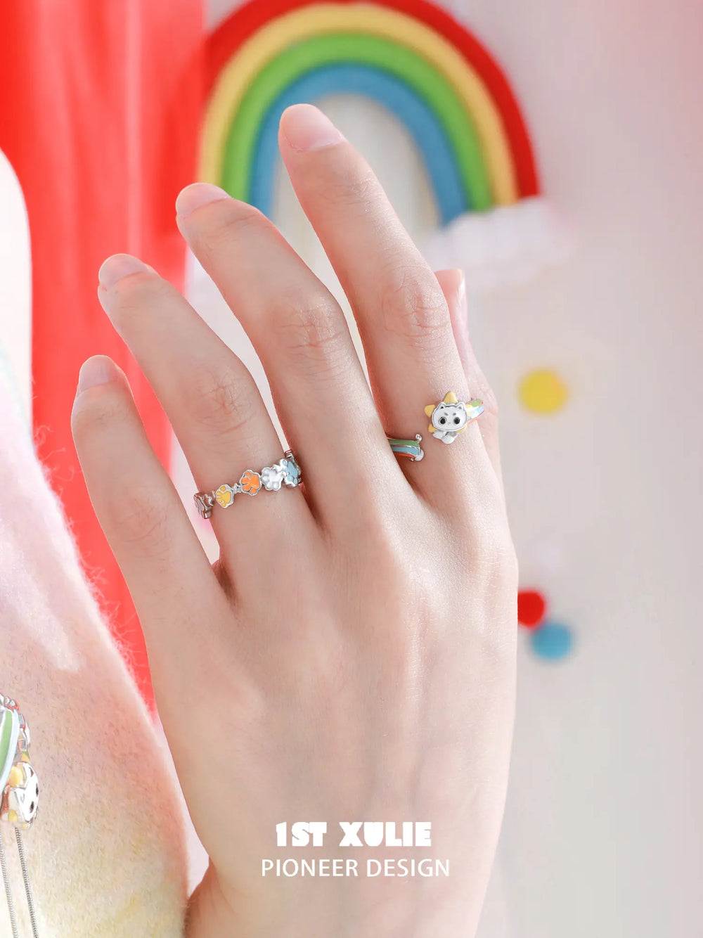 1ST XULIE Jewelry "RAINBOW CAT" Open Enamel Cat Ring in 925 Sterling Silver - Product View